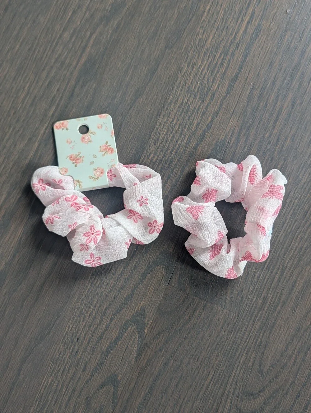 Set of 2 Pink Floral Chiffon Scrunchies / Hair Ties